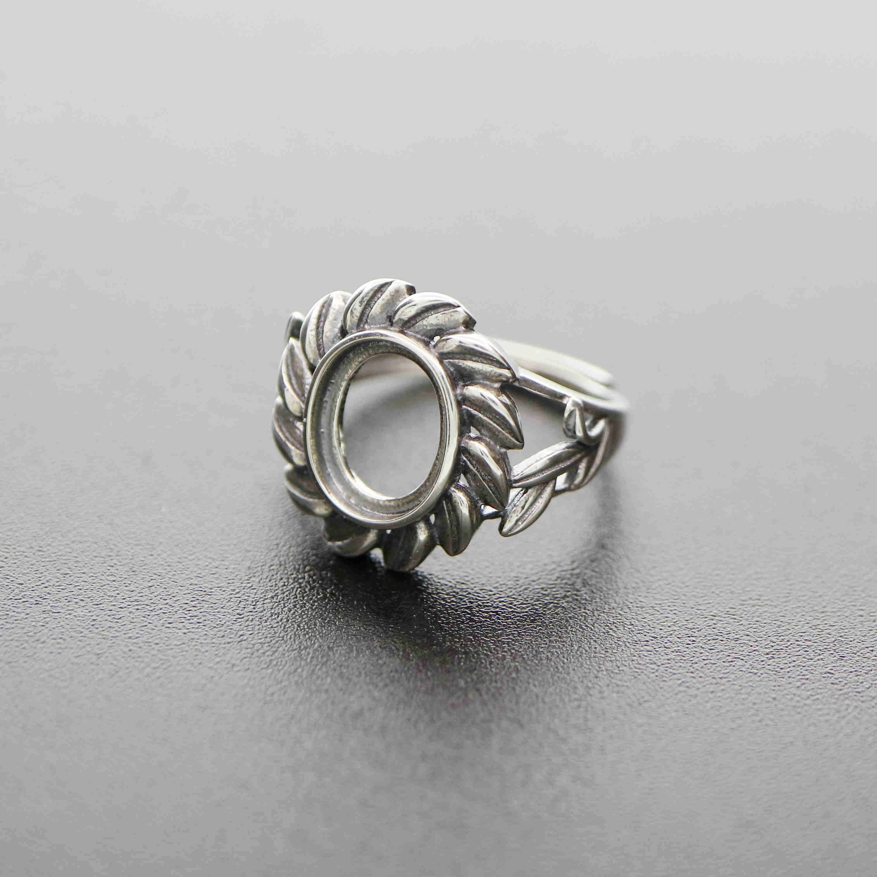 1Pcs 8X10MM Oval Cabochon Bezel Tree Leaf Antiqued Solid 925 Sterling Silver Adjustable Ring Settings 1223095 - Click Image to Close